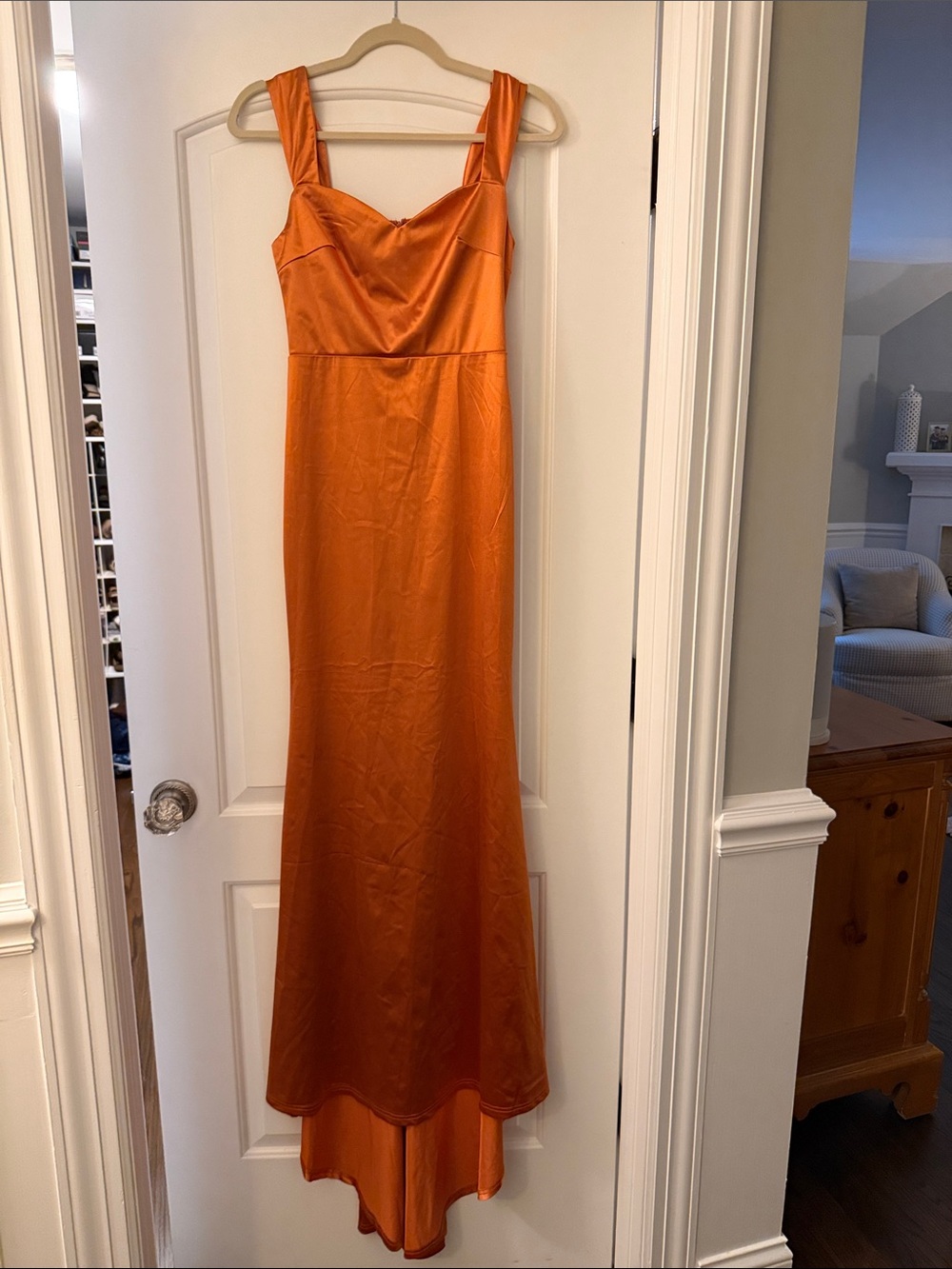 Satin Orange Maxi Dress with Sweetheart Neckline
